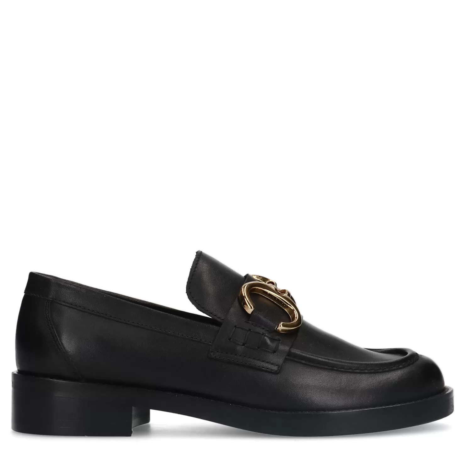 Shop Sacha Zwarte Leren Loafers Met Goudkleurige Chain