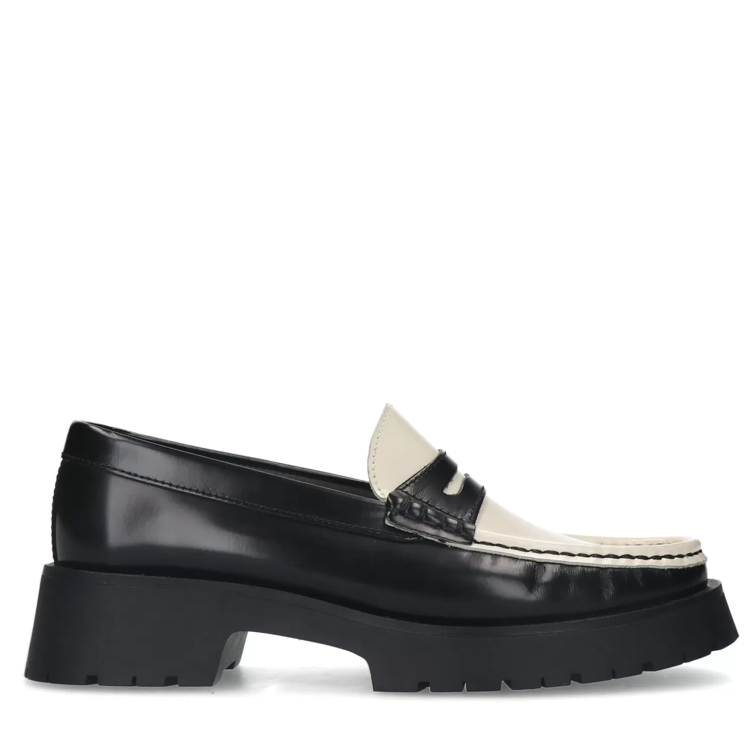 Hot Sacha Zwarte Leren Plateau Loafers Met Witte Details