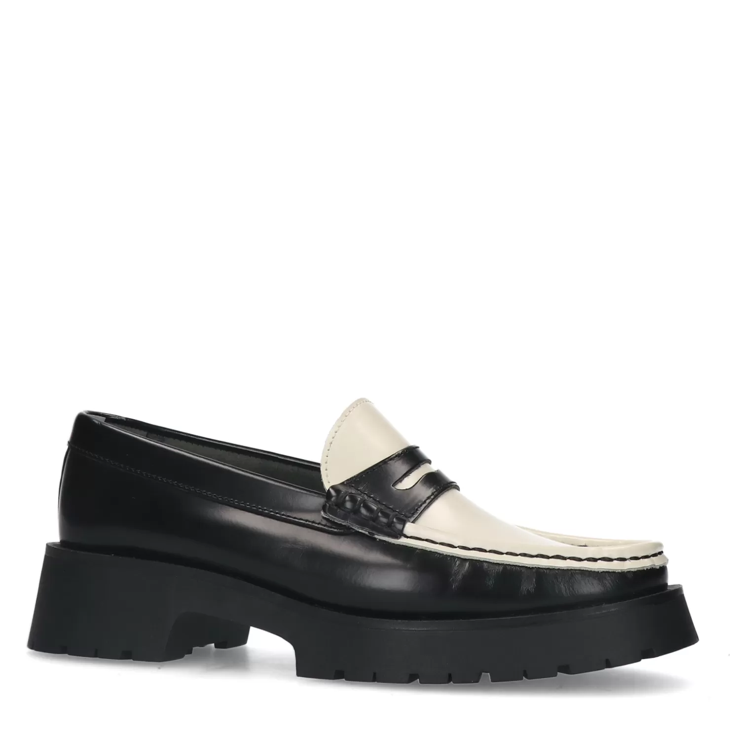 Hot Sacha Zwarte Leren Plateau Loafers Met Witte Details