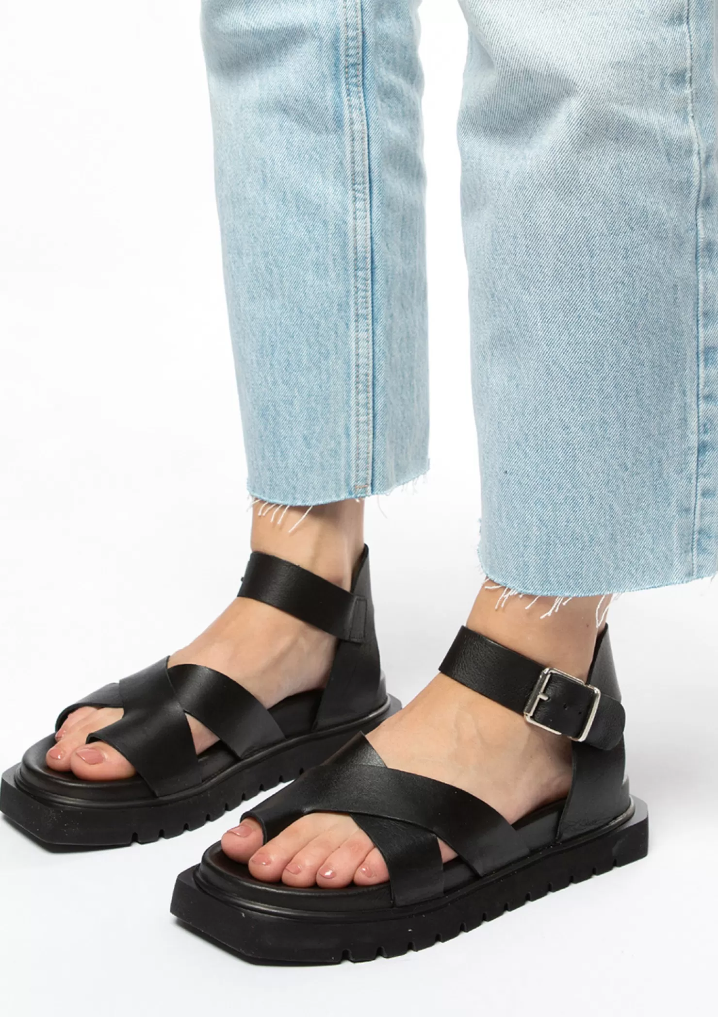 Store Sacha Zwarte Leren Plateau Sandalen