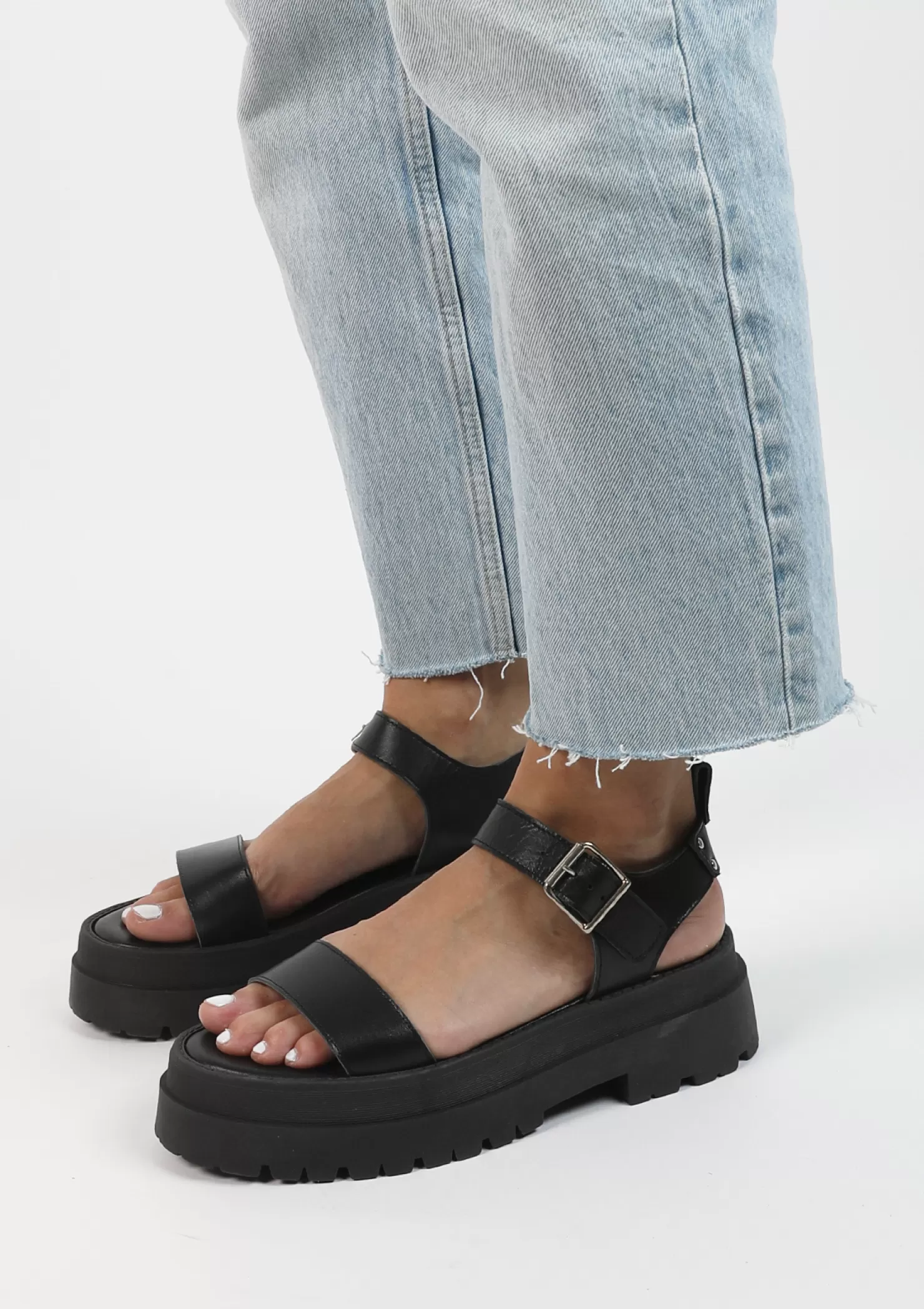 Cheap Sacha Zwarte Leren Plateau Sandalen