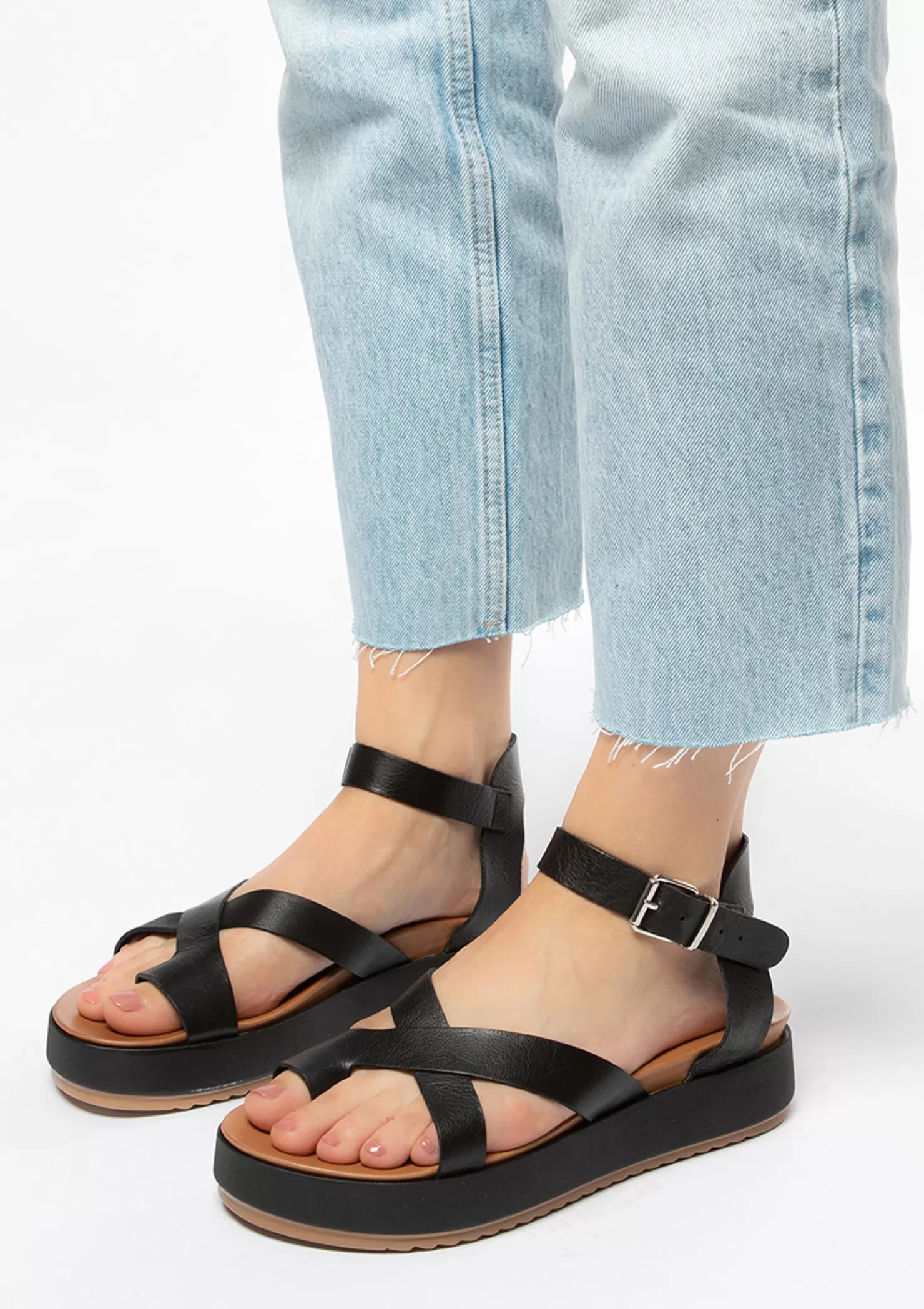 Shop Sacha Zwarte Leren Plateau Sandalen