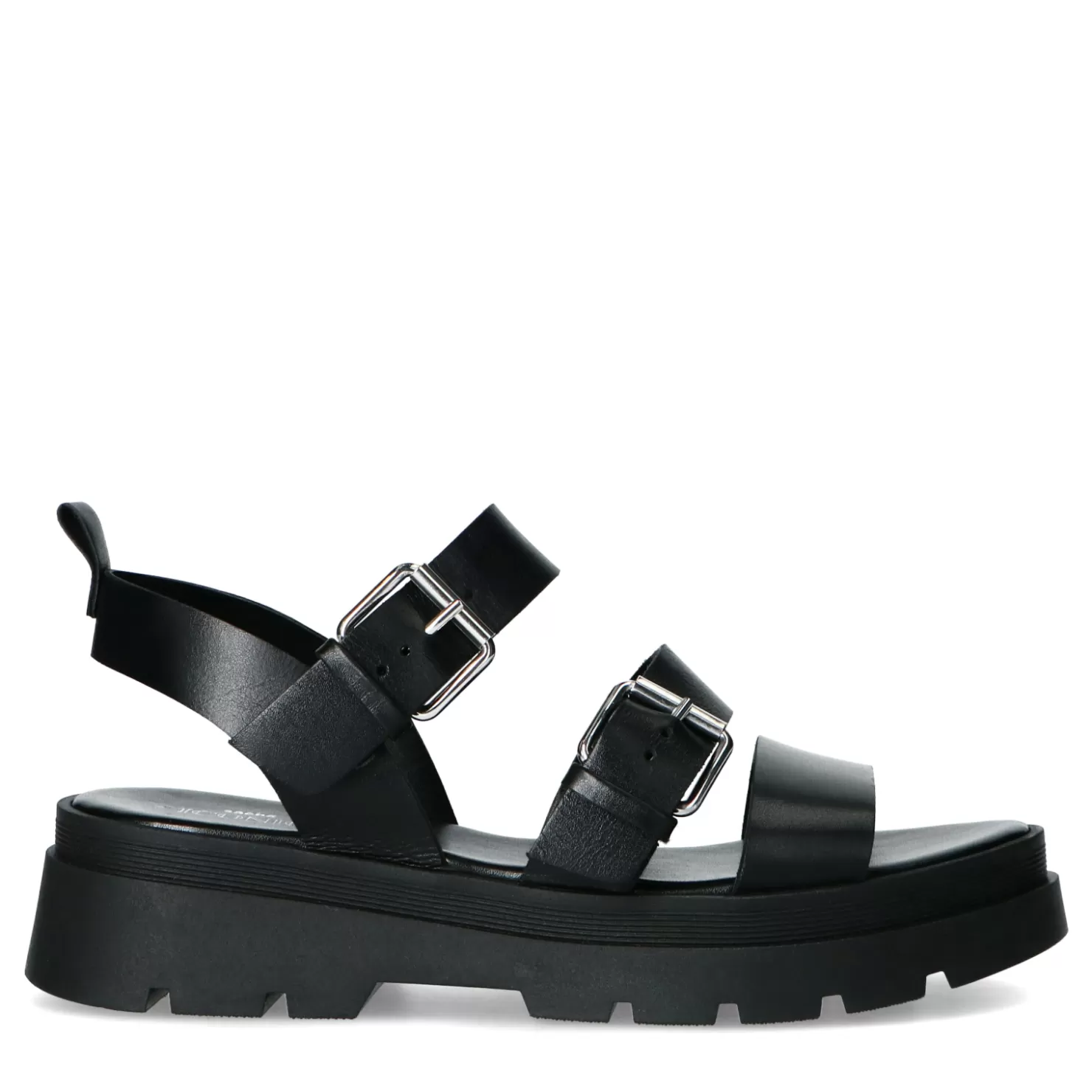 Clearance Sacha Zwarte Leren Plateau Sandalen Met Gespen