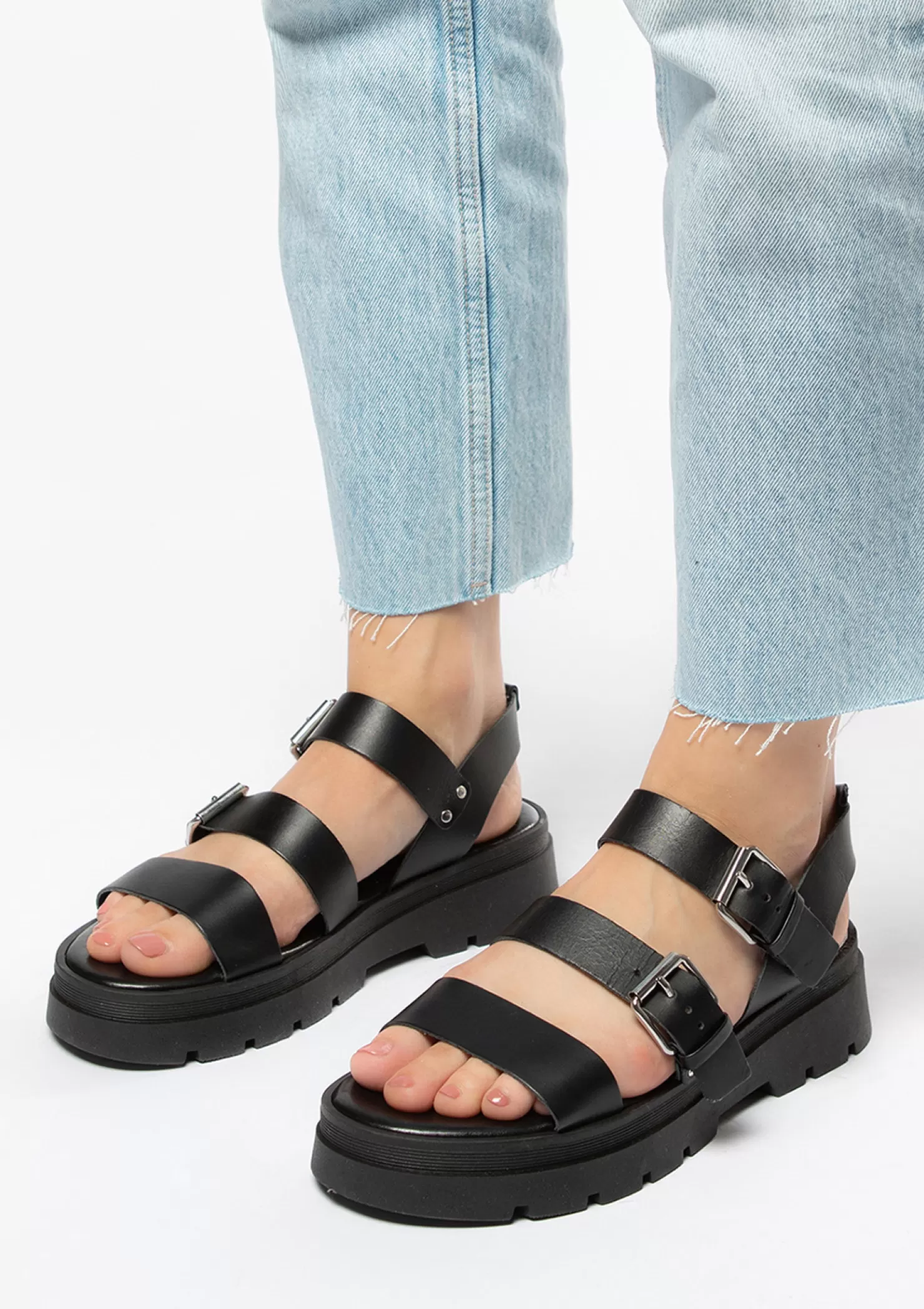 Clearance Sacha Zwarte Leren Plateau Sandalen Met Gespen