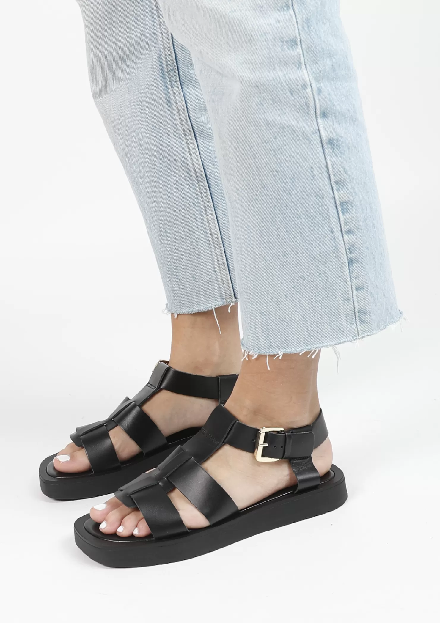 Online Sacha Zwarte Leren Sandalen Met Gesp