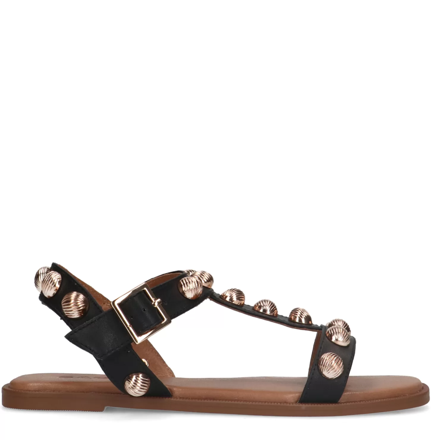 Online Sacha Zwarte Leren Sandalen Met Goudkleurige Studs