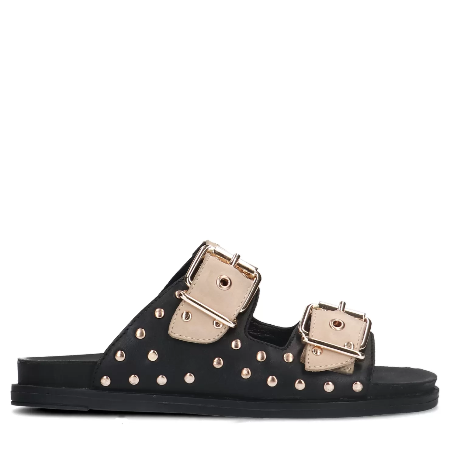 Cheap Sacha Zwarte Leren Slippers Met Goudkleurige Studs