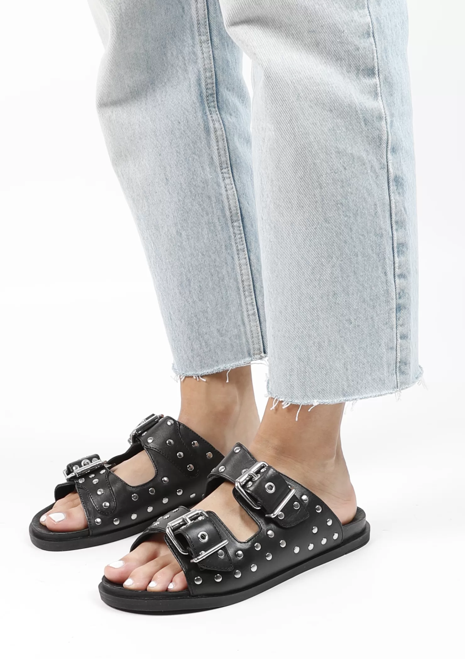 Online Sacha Zwarte Leren Slippers Met Zilverkleurige Studs