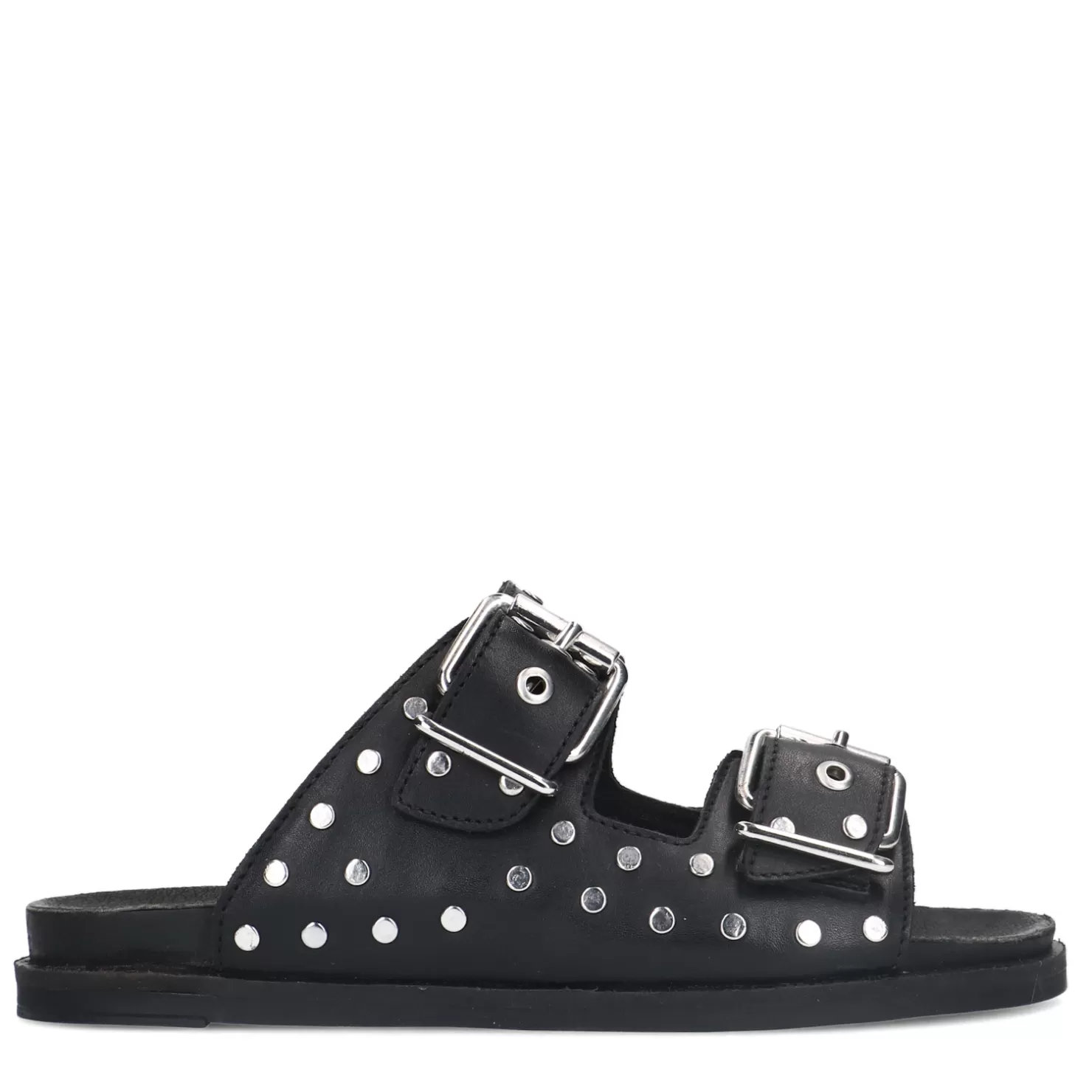 Online Sacha Zwarte Leren Slippers Met Zilverkleurige Studs