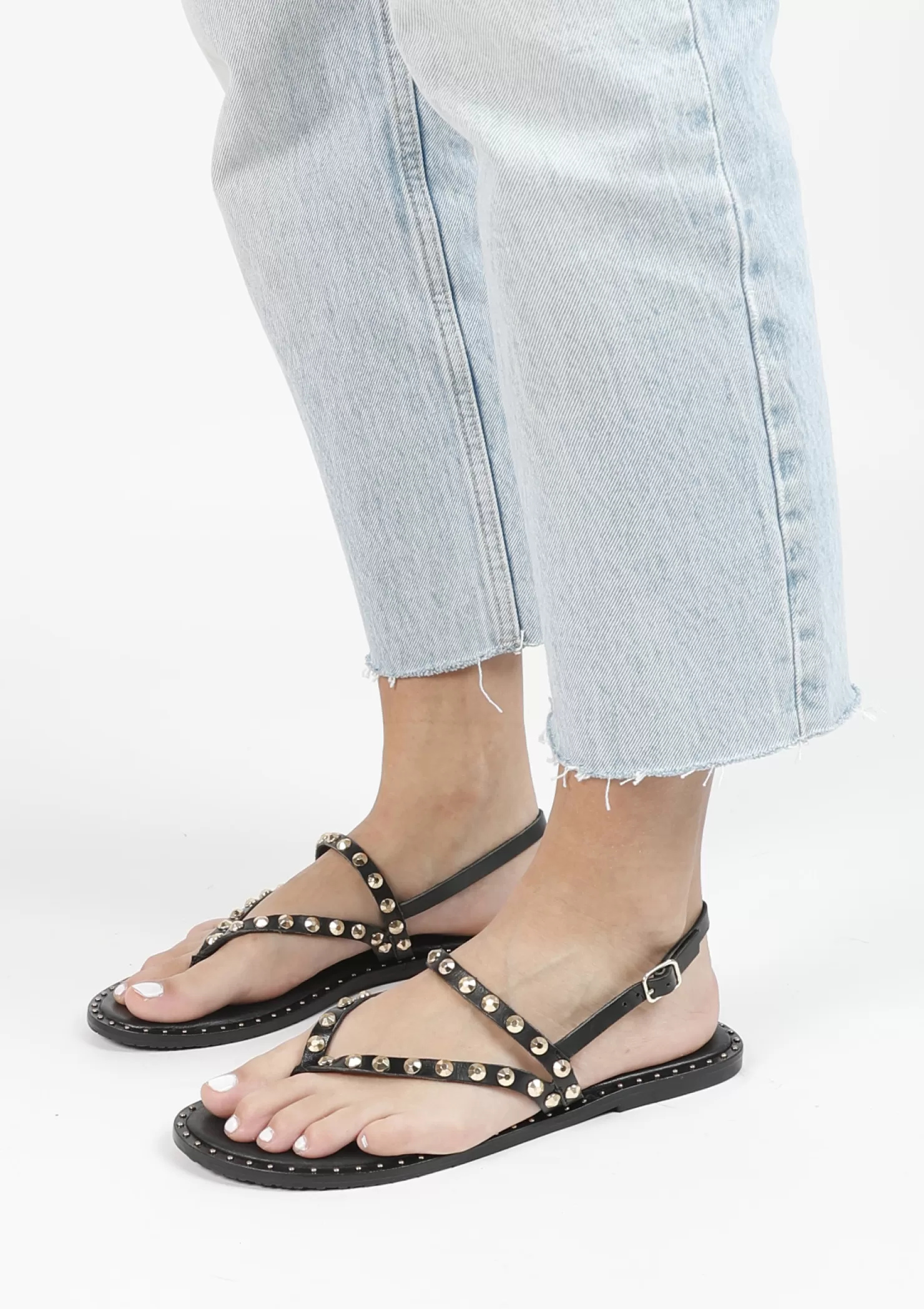 Store Sacha Zwarte Sandalen Met Goudkleurige Studs