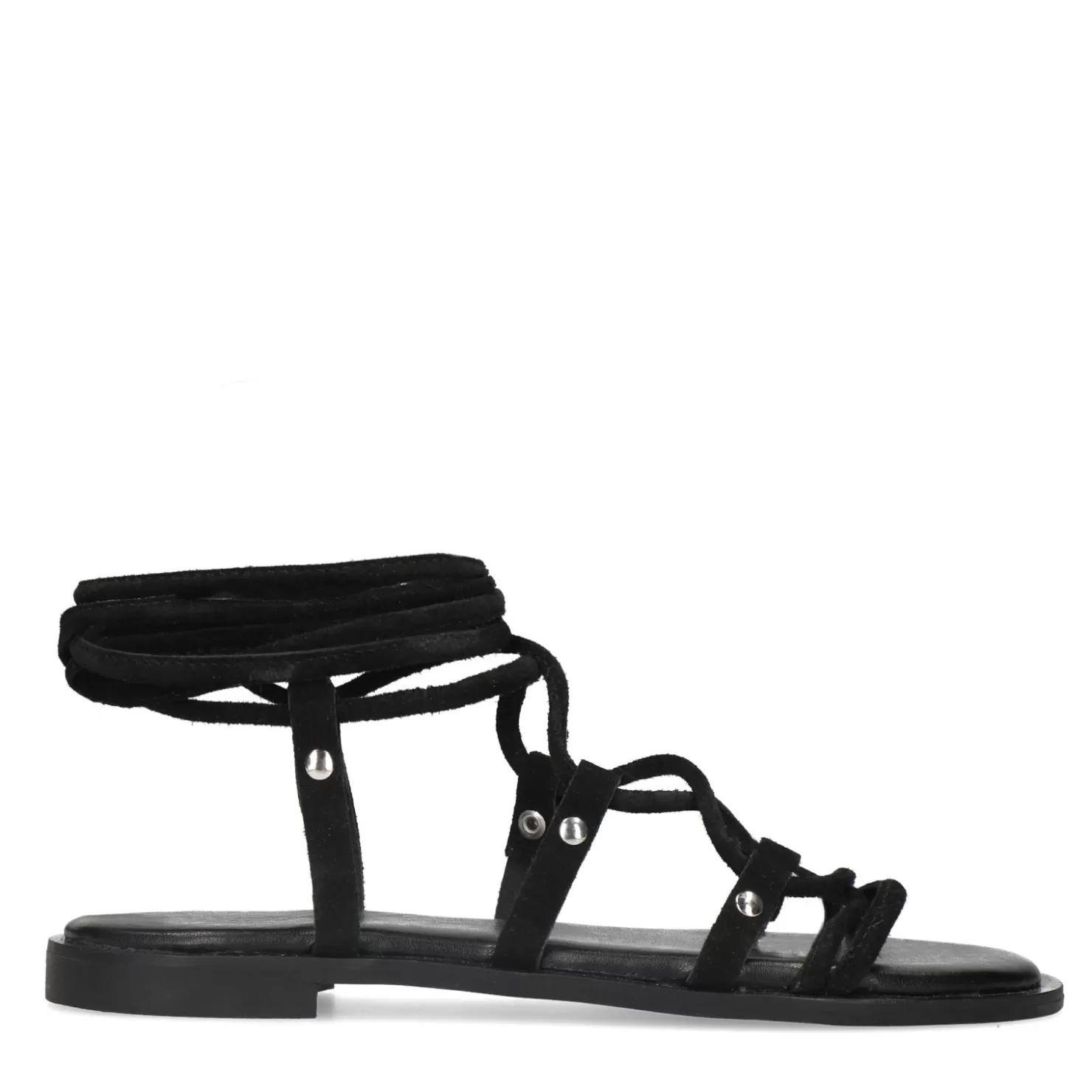 Shop Sacha Zwarte Suede Platte Sandalen Met Strikveters